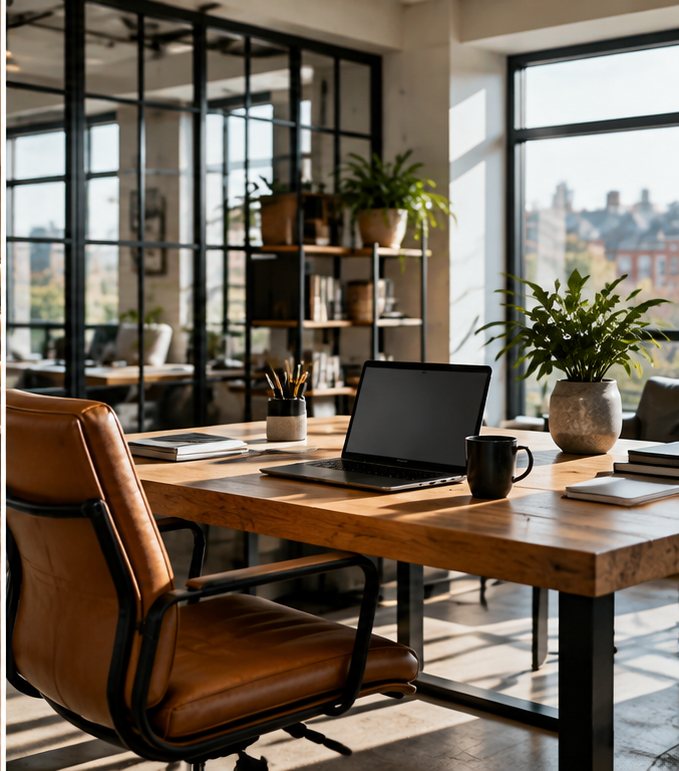 Modern sunlit consultancy office with wood desk and laptop