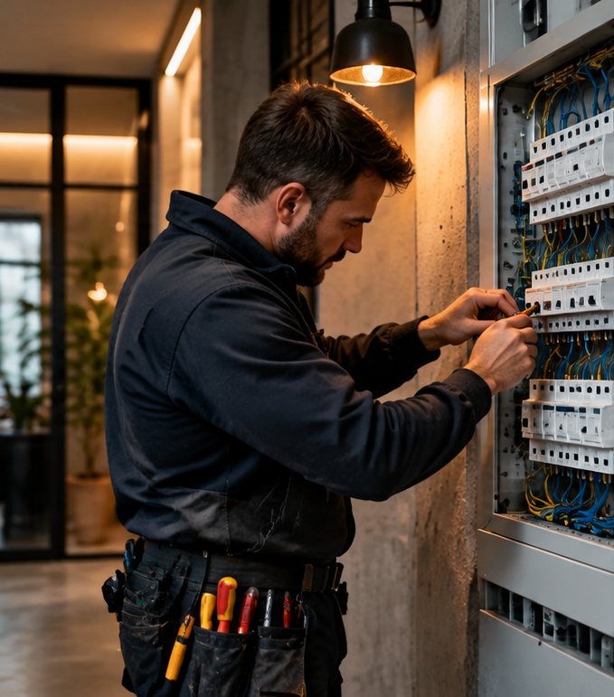 Electrician working carefully at an electrical distribution board